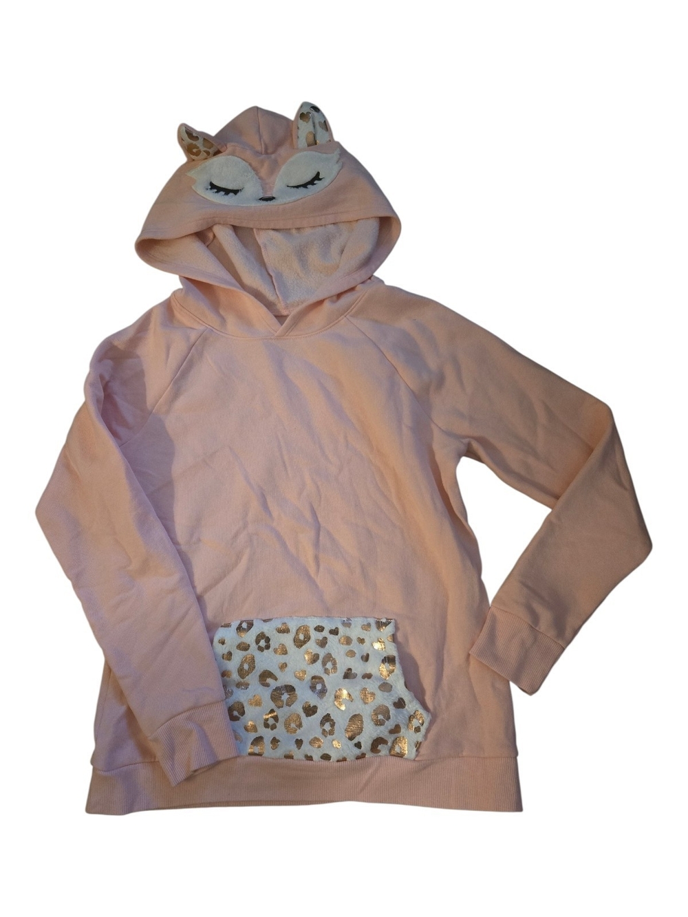 Justice Pink Hooded Pullover with Leopard Pocket and Fox-Ear Hood 14/16